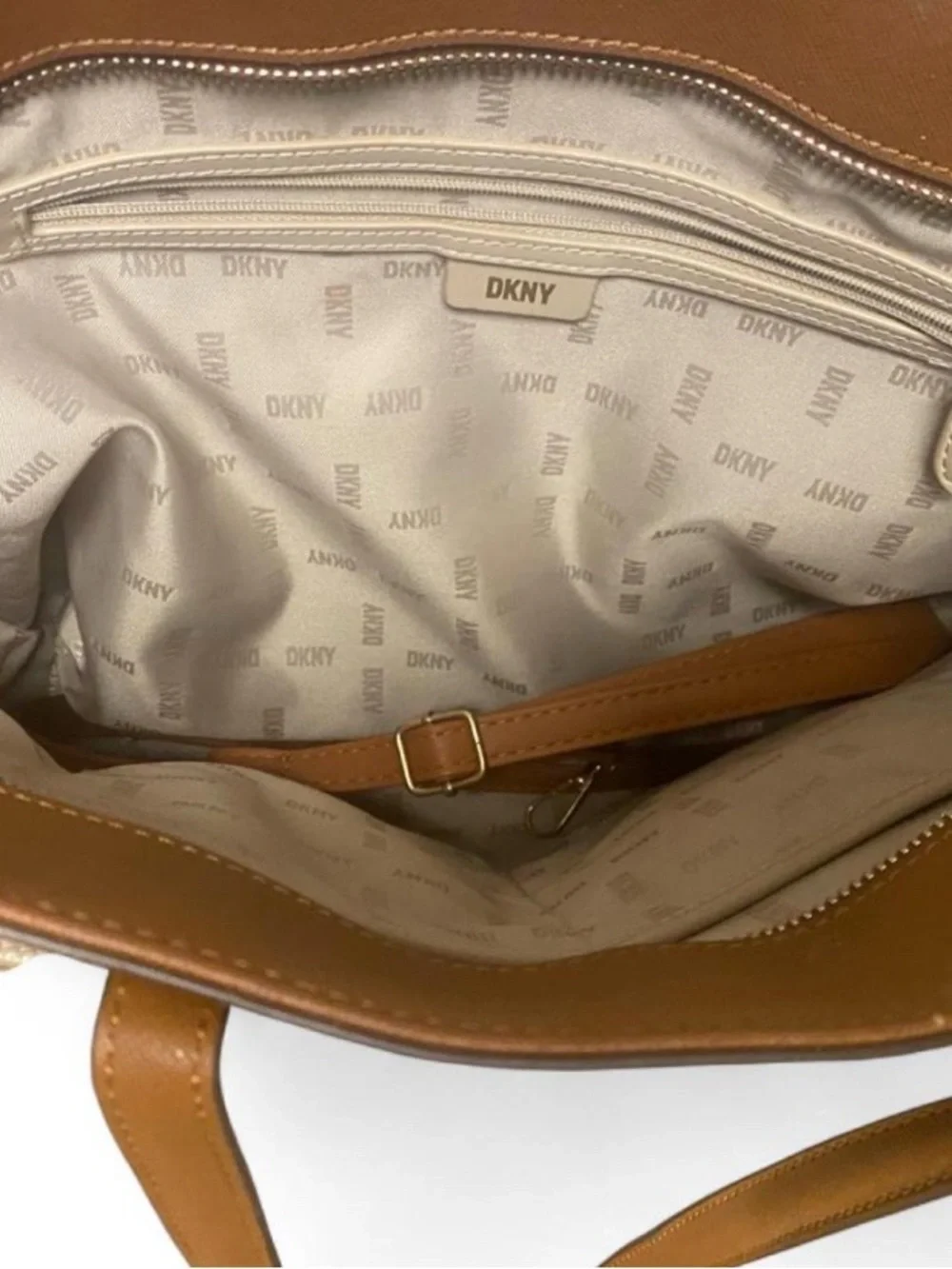 DKNY Brown and Cream Monogram Canvas Tote with Tan Leather Trim